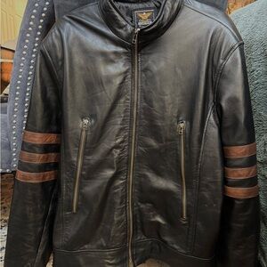 Men's Black Genuine Leather Bomber Jacket with Brown Stripes